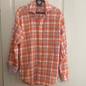 Thomas Dean Orange and White Plaid Men's Flip Cuff Shirt Size XL